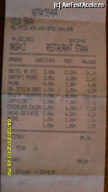 [P105] este bonul de la restaurantul cu specific de stana, unde am luat micul dejun.M-am gandit sa atasez si aceasta lista, poate intereseaza pe cineva.Pretul este total, 4 persoane. » foto by adryana
 - 
<span class="allrVoted glyphicon glyphicon-heart hidden" id="av294205"></span>
<a class="m-l-10 hidden" id="sv294205" onclick="voting_Foto_DelVot(,294205,1079)" role="button">șterge vot <span class="glyphicon glyphicon-remove"></span></a>
<a id="v9294205" class=" c-red"  onclick="voting_Foto_SetVot(294205)" role="button"><span class="glyphicon glyphicon-heart-empty"></span> <b>LIKE</b> = Votează poza</a> <img class="hidden"  id="f294205W9" src="/imagini/loader.gif" border="0" /><span class="AjErrMes hidden" id="e294205ErM"></span>
